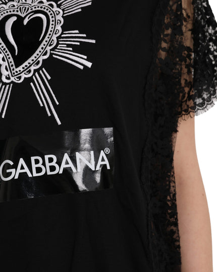 Dolce & Gabbana Black Sacred Heart Print Cotton Lace T-shirt