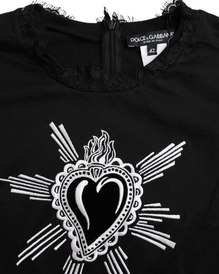 Dolce & Gabbana Black Sacred Heart Print Cotton Lace T-shirt