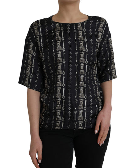 Dolce & Gabbana Black Key Castle Print Silk Blouse T-shirt