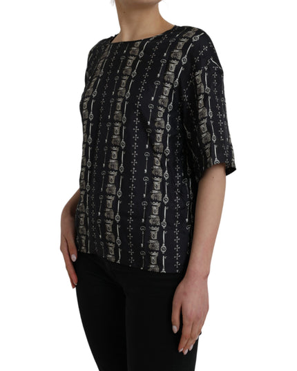 Dolce & Gabbana Black Key Castle Print Silk Blouse T-shirt