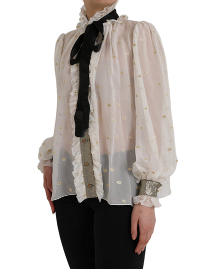 Dolce & Gabbana Off White Silk Blend Ascot Collar Blouse Top