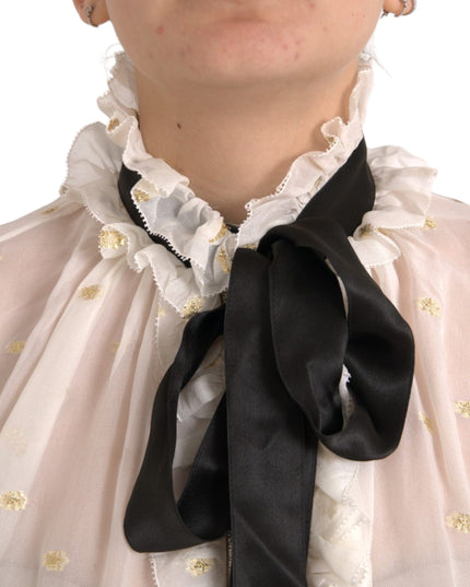 Dolce & Gabbana Off White Silk Blend Ascot Collar Blouse Top