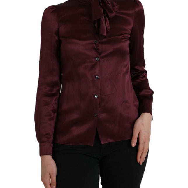 Dolce & Gabbana Maroon Ascot Collar Long Sleeve Top Blouse