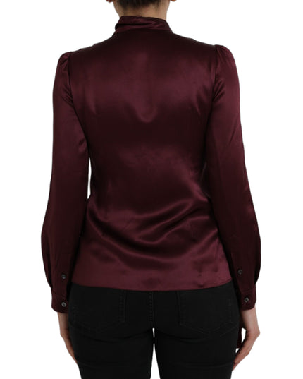 Dolce & Gabbana Maroon Ascot Collar Long Sleeve Top Blouse