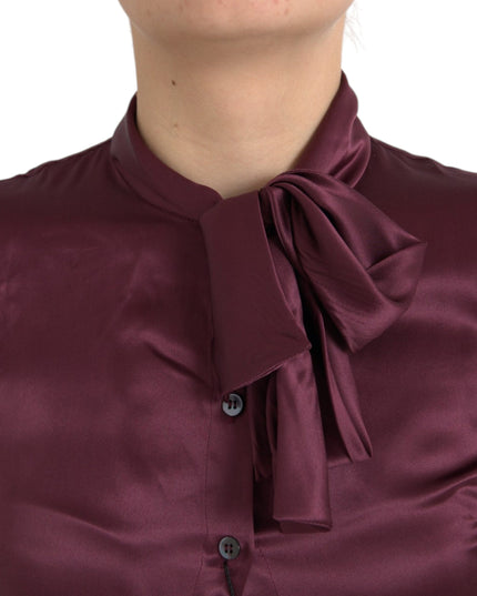 Dolce & Gabbana Maroon Ascot Collar Long Sleeve Top Blouse