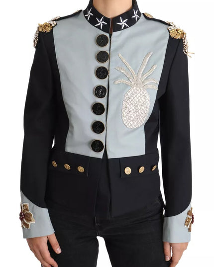 Dolce & Gabbana Blue Button Crystal Embellished Cotton Jacket