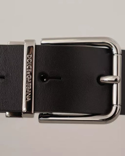 Dolce & Gabbana Black Calf Leather Logo Engraved Metal Buckle Belt