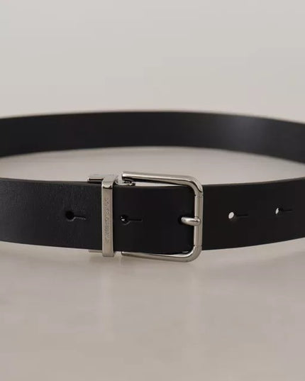Dolce & Gabbana Black Calf Leather Logo Engraved Metal Buckle Belt
