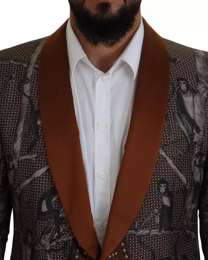 Dolce & Gabbana Bronze Monkey Print Silk Slim Jacket Blazer