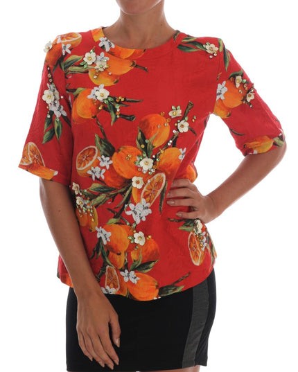 Dolce & Gabbana Orange Print Crystal-Embellished Blouse