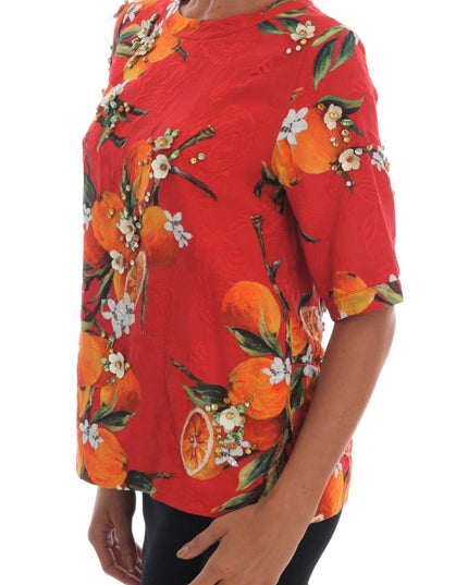 Dolce & Gabbana Orange Print Crystal-Embellished Blouse