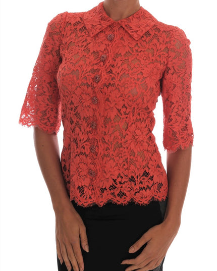 Dolce & Gabbana Orange Crystal Buttons Floral Lace Blouse