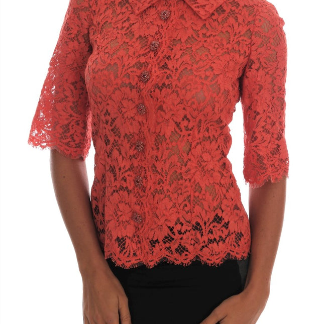 Dolce & Gabbana Orange Crystal Buttons Floral Lace Blouse