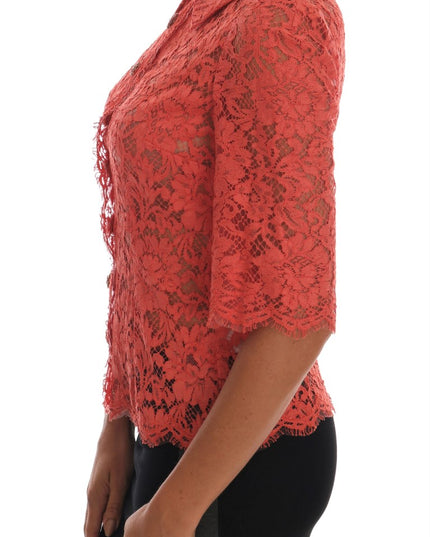 Dolce & Gabbana Orange Crystal Buttons Floral Lace Blouse