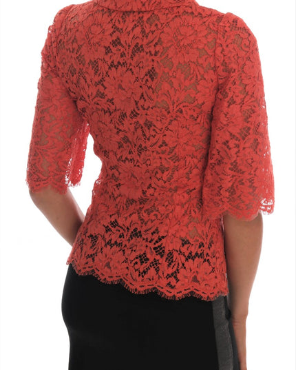 Dolce & Gabbana Orange Crystal Buttons Floral Lace Blouse