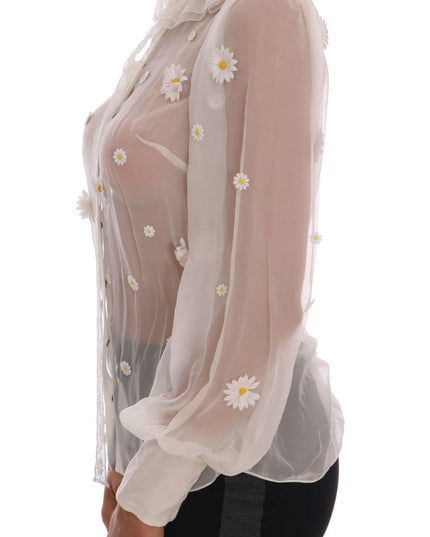 Dolce & Gabbana White Daisy Applique Silk Shirt