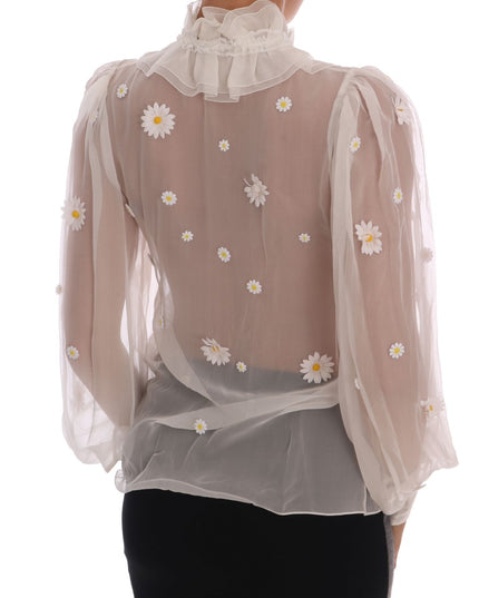 Dolce & Gabbana White Daisy Applique Silk Shirt