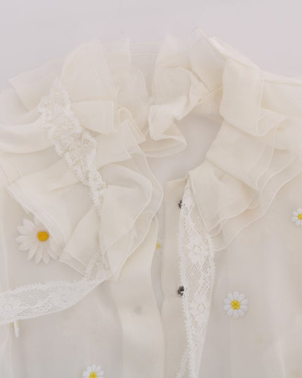 Dolce & Gabbana White Daisy Applique Silk Shirt