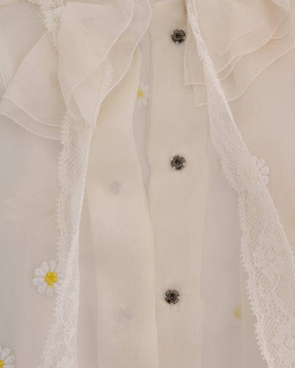 Dolce & Gabbana White Daisy Applique Silk Shirt