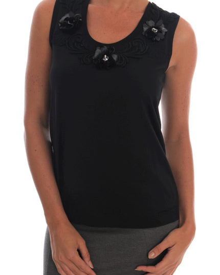 Dolce & Gabbana Black Cotton Floral Crystal Tank Top