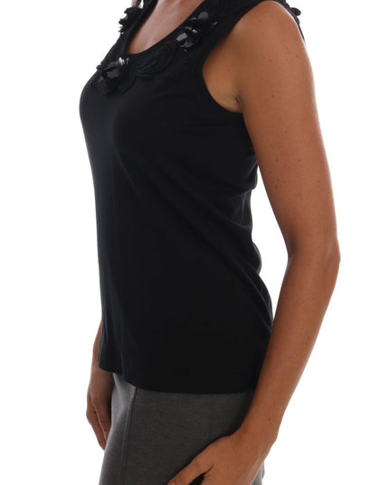 Dolce & Gabbana Black Cotton Floral Crystal Tank Top