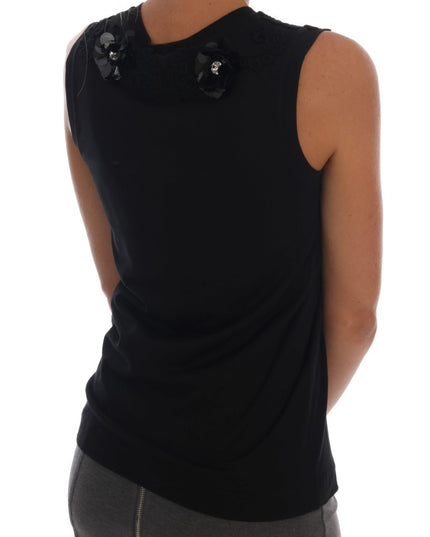 Dolce & Gabbana Black Cotton Floral Crystal Tank Top