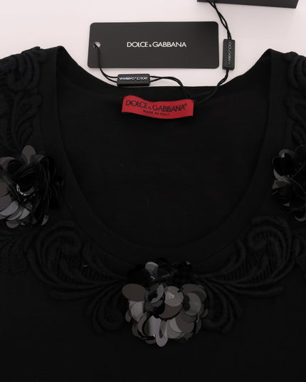 Dolce & Gabbana Black Cotton Floral Crystal Tank Top