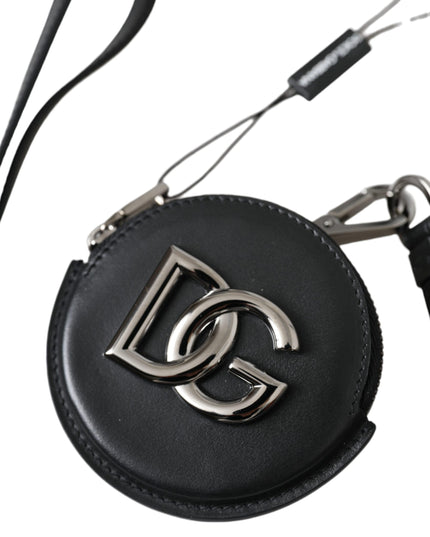 Dolce & Gabbana Black Round Leather DG Logo Coin Purse Lanyard Wallet