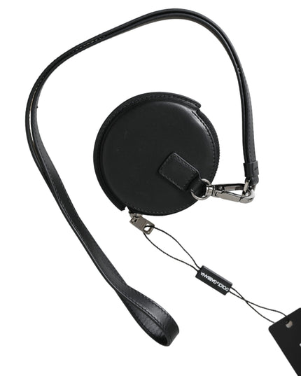 Dolce & Gabbana Black Round Leather DG Logo Coin Purse Lanyard Wallet