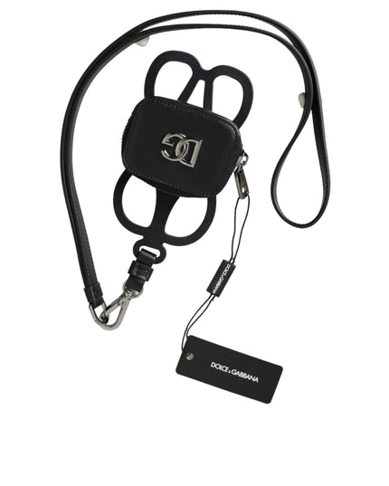 Dolce & Gabbana Black Calfskin Leather DG Logo Coin Purse Lanyard Wallet