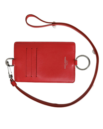 Dolce & Gabbana Red Calfskin Leather Lanyard Logo Card Holder Wallet