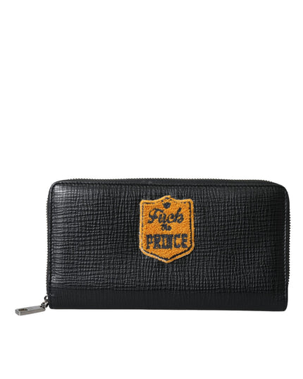 Dolce & Gabbana Black Leather Logo Patch Zip Around Continental Wallet