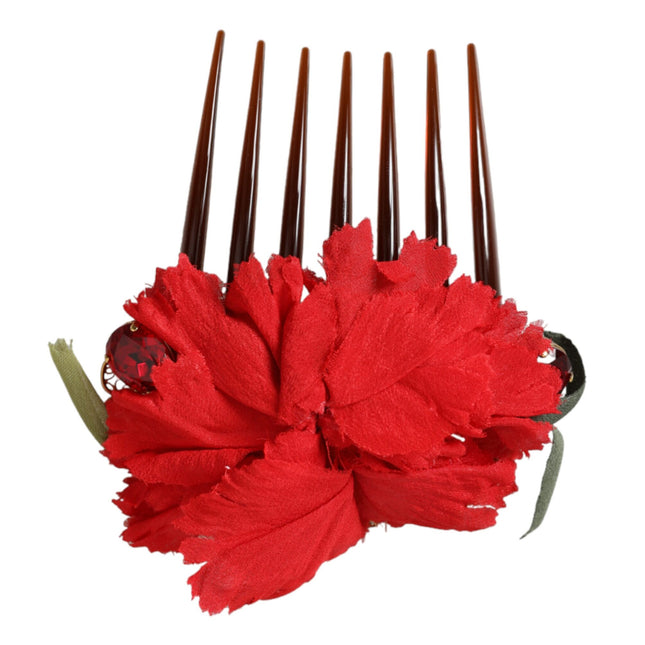 Dolce & Gabbana Red Silk Floral Gold Brass Women Hair Comb