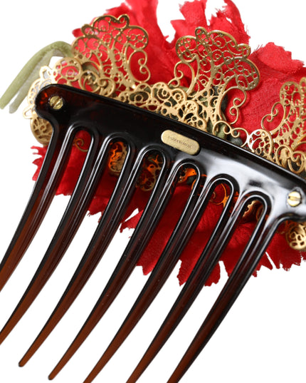Dolce & Gabbana Red Silk Floral Gold Brass Women Hair Comb