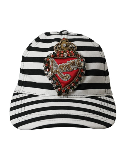 Dolce & Gabbana Black White Stripe Amore Heart Applique Baseball Hat