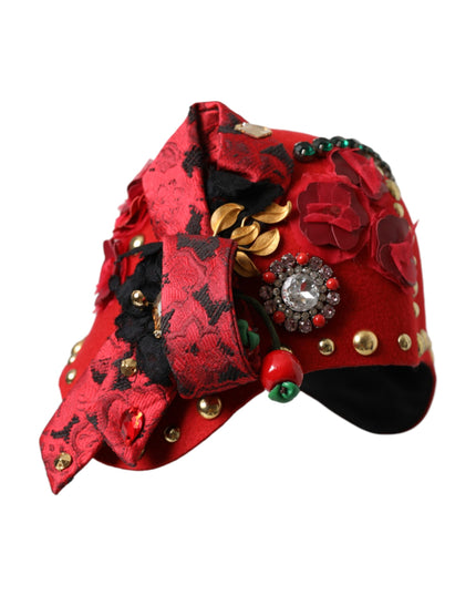 Dolce & Gabbana Red Crystal Gold Roses Brooch Embellished Hat