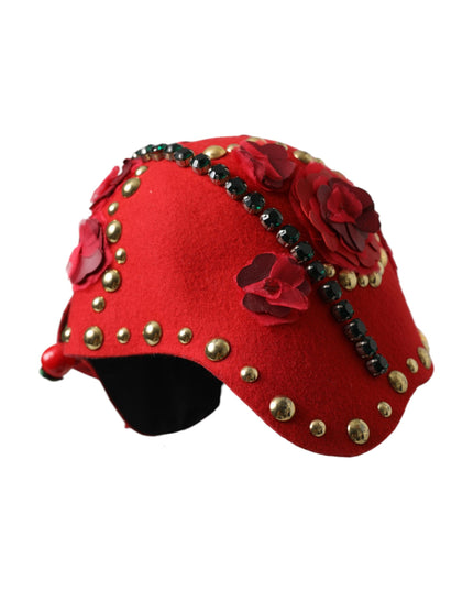 Dolce & Gabbana Red Crystal Gold Roses Brooch Embellished Hat