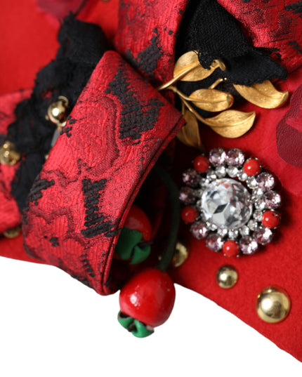 Dolce & Gabbana Red Crystal Gold Roses Brooch Embellished Hat