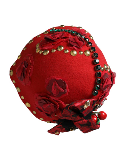 Dolce & Gabbana Red Crystal Gold Roses Brooch Embellished Hat