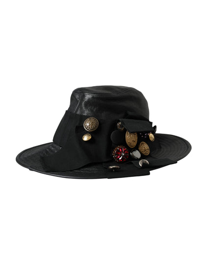 Dolce & Gabbana Black Leather DG Coin Crystal Wide Brim Hat