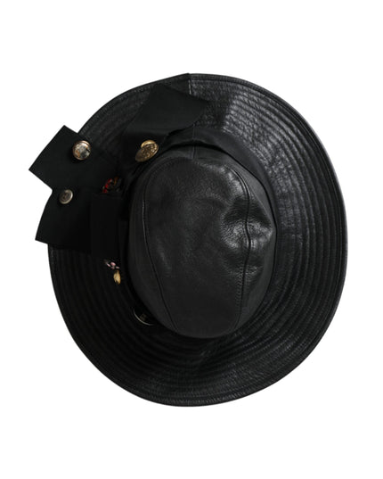 Dolce & Gabbana Black Leather DG Coin Crystal Wide Brim Hat