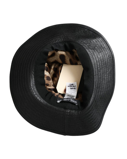 Dolce & Gabbana Black Leather DG Coin Crystal Wide Brim Hat
