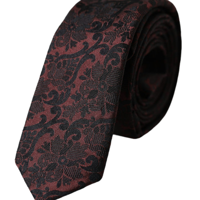 Dolce & Gabbana Maroon Floral Fantasy Silk Adjustable Men Tie