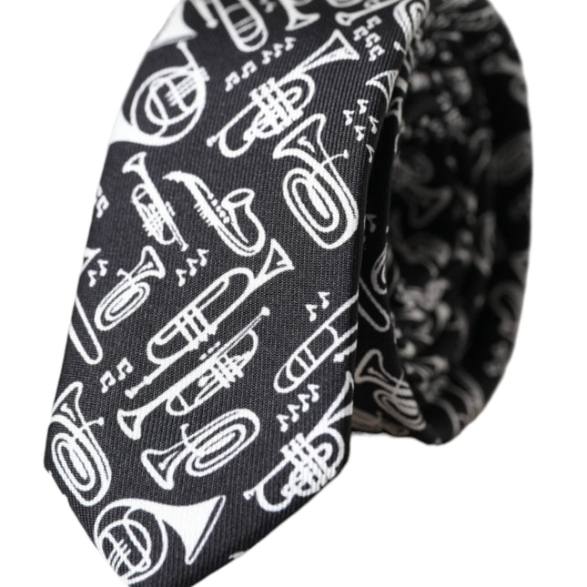 Dolce & Gabbana Black Trumpet Print Silk Adjustable Tie