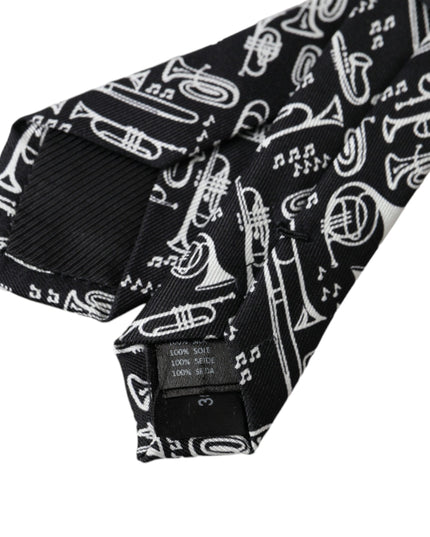 Dolce & Gabbana Black Trumpet Print Silk Adjustable Tie