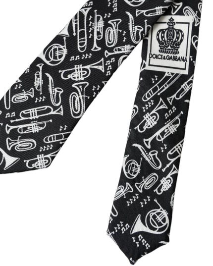 Dolce & Gabbana Black Trumpet Print Silk Adjustable Tie
