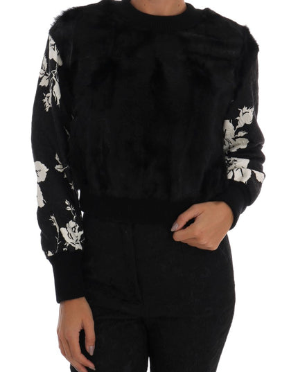 Dolce & Gabbana Black Fur Floral Brocade Zipper Sweater