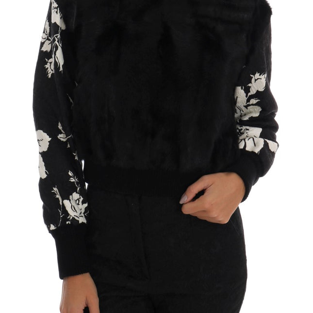 Dolce & Gabbana Black Fur Floral Brocade Zipper Sweater