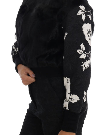 Dolce & Gabbana Black Fur Floral Brocade Zipper Sweater