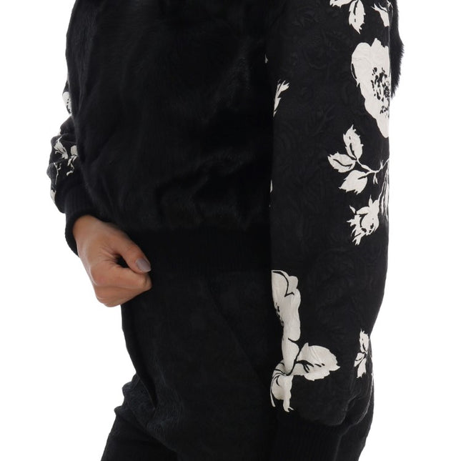 Dolce & Gabbana Black Fur Floral Brocade Zipper Sweater